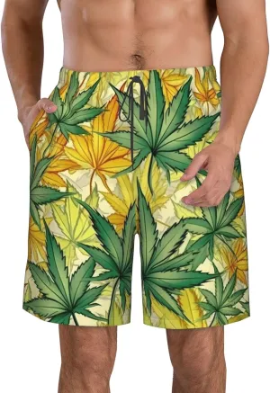 Cannabis Plant Mens Swim Trunks Fashion Men's Board Shorts Quick Dry Swim Shorts with Mesh Lining