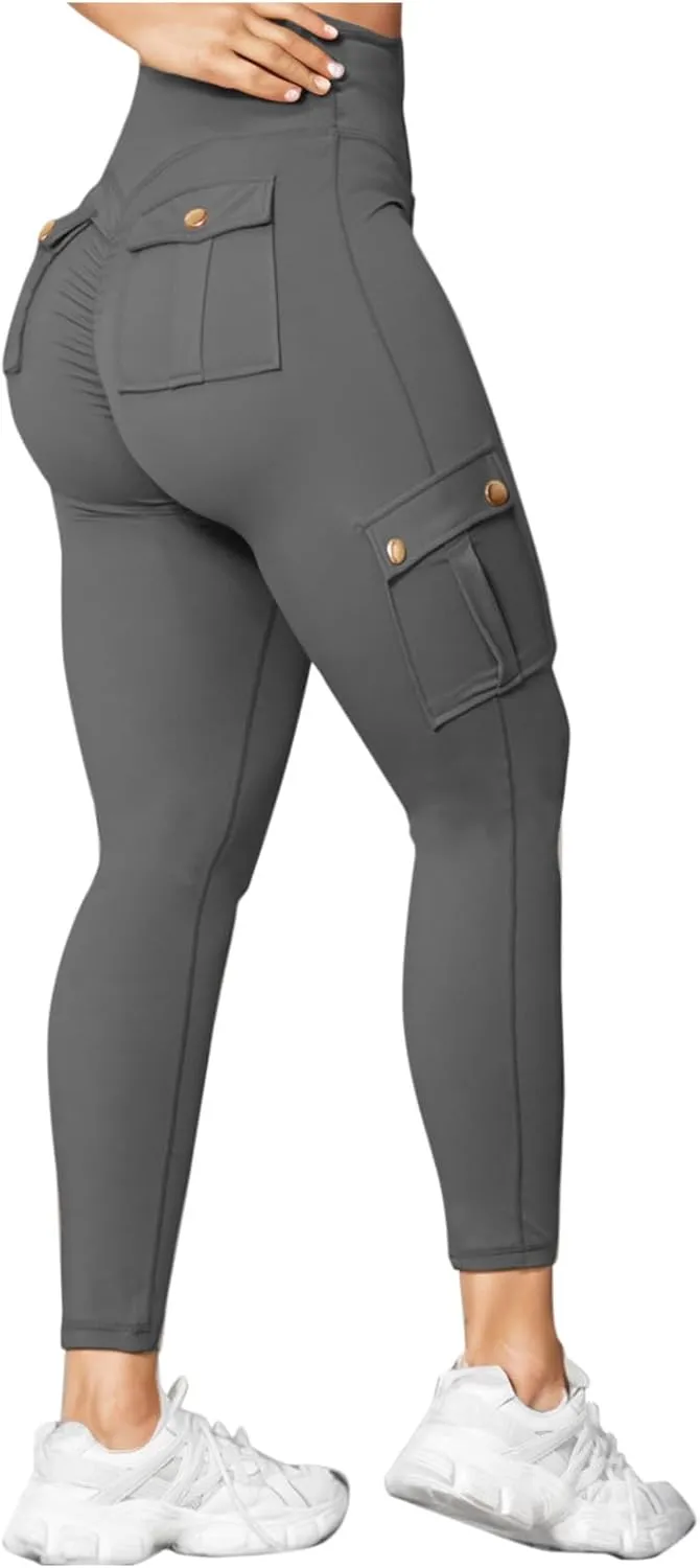 Cargo Leggings for Women with Multi Pockets High Waisted Workout Yoga Pants Elastic Compression Gym Parachute Pants
