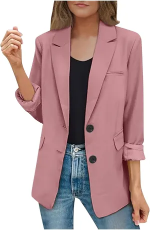 Casual Solid Blazers for Women Business Open Front Office Button Blazer Coat Fall Lapel Plus Size Blazer Jacket