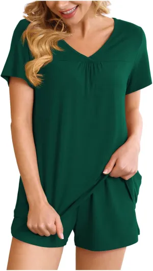 Cbcbtwo 2 Piece Pajamas Sets for Women Soft Comfy,Summer Casual Short Sleeve Tops and Shorts Elegant Floral Lounge Sleepwear