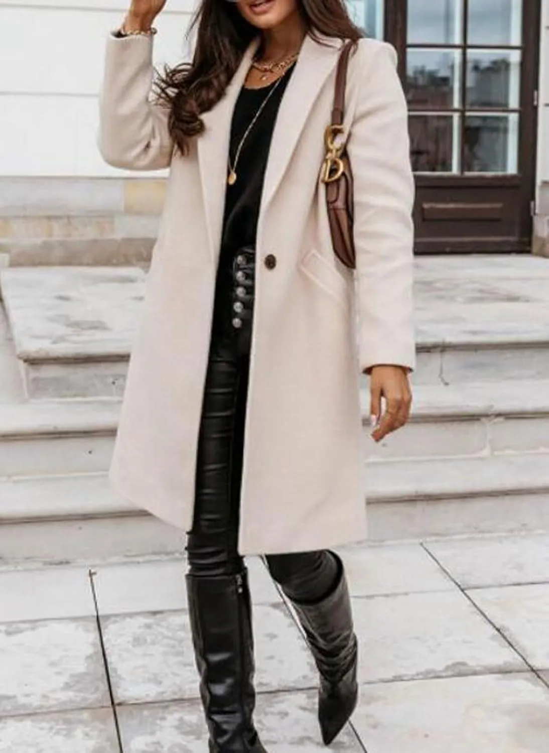 CHARTOU Women Casual 1 Button Mid Long Wool Trench Coat Jacket Peacoat Notched Lapel Pea Coat Winter Overcoat