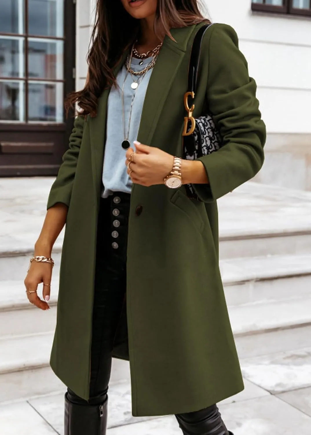 CHARTOU Women Casual 1 Button Mid Long Wool Trench Coat Jacket Peacoat Notched Lapel Pea Coat Winter Overcoat