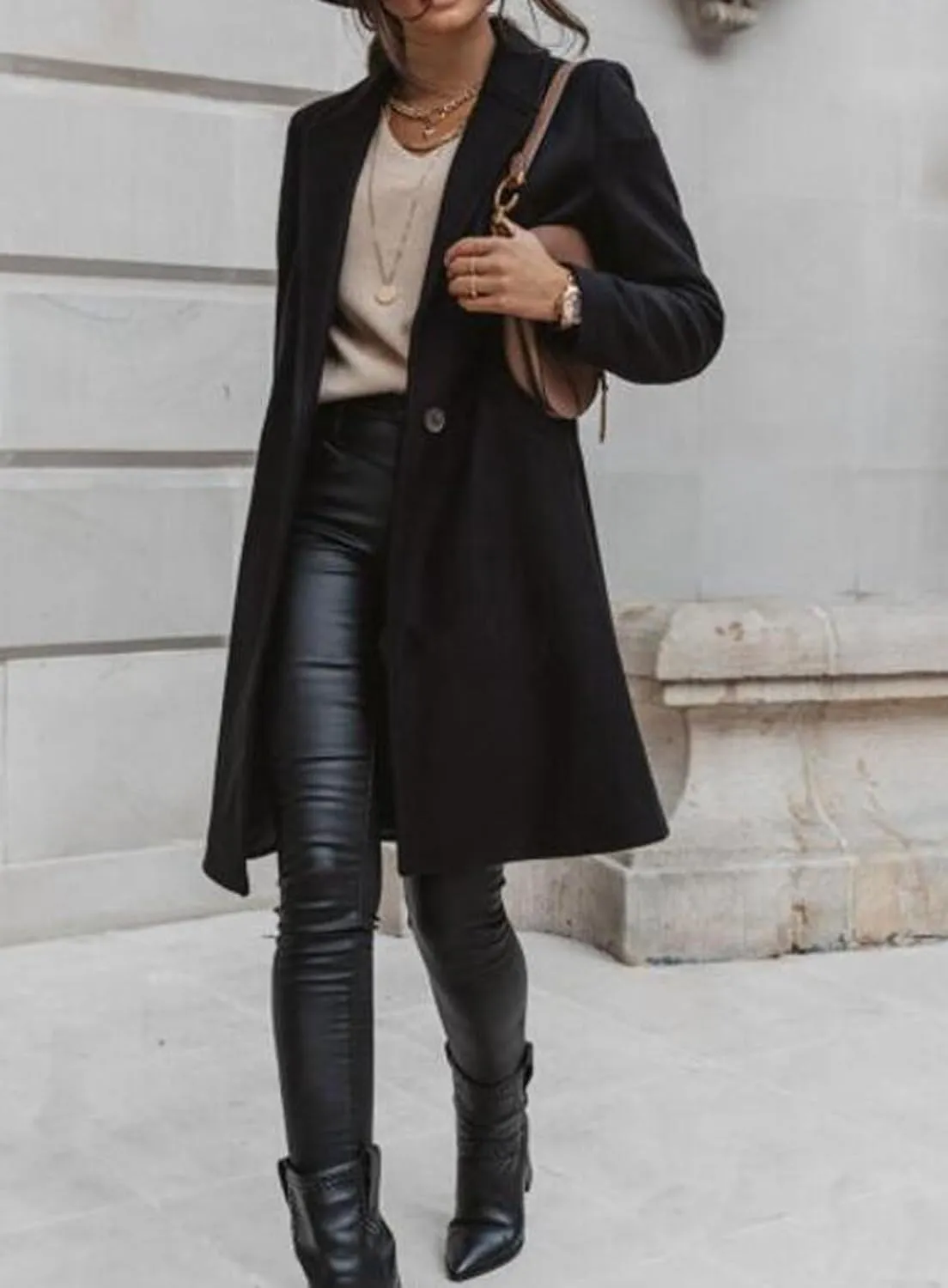 CHARTOU Women Casual 1 Button Mid Long Wool Trench Coat Jacket Peacoat Notched Lapel Pea Coat Winter Overcoat