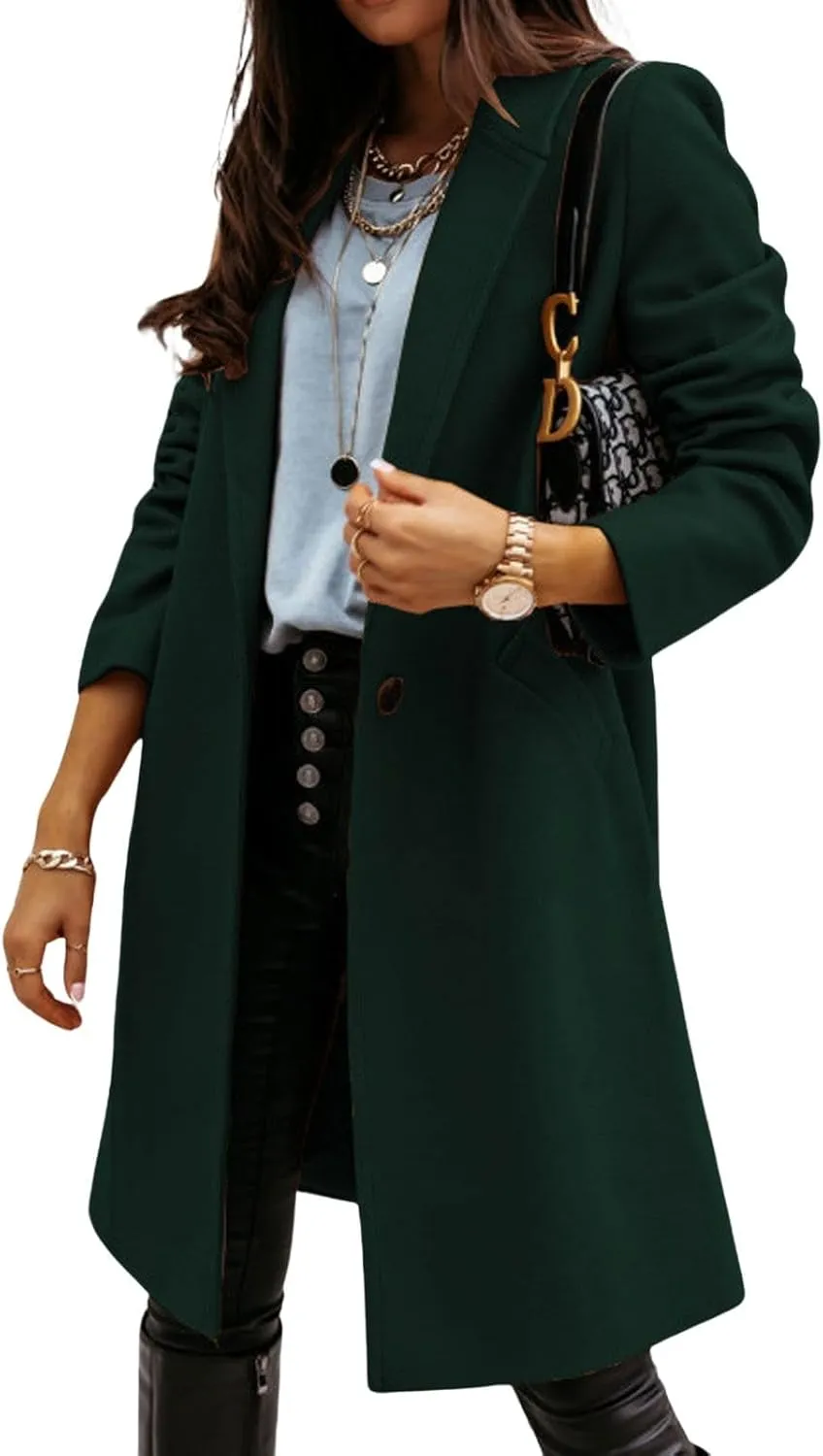 CHARTOU Women Casual 1 Button Mid Long Wool Trench Coat Jacket Peacoat Notched Lapel Pea Coat Winter Overcoat