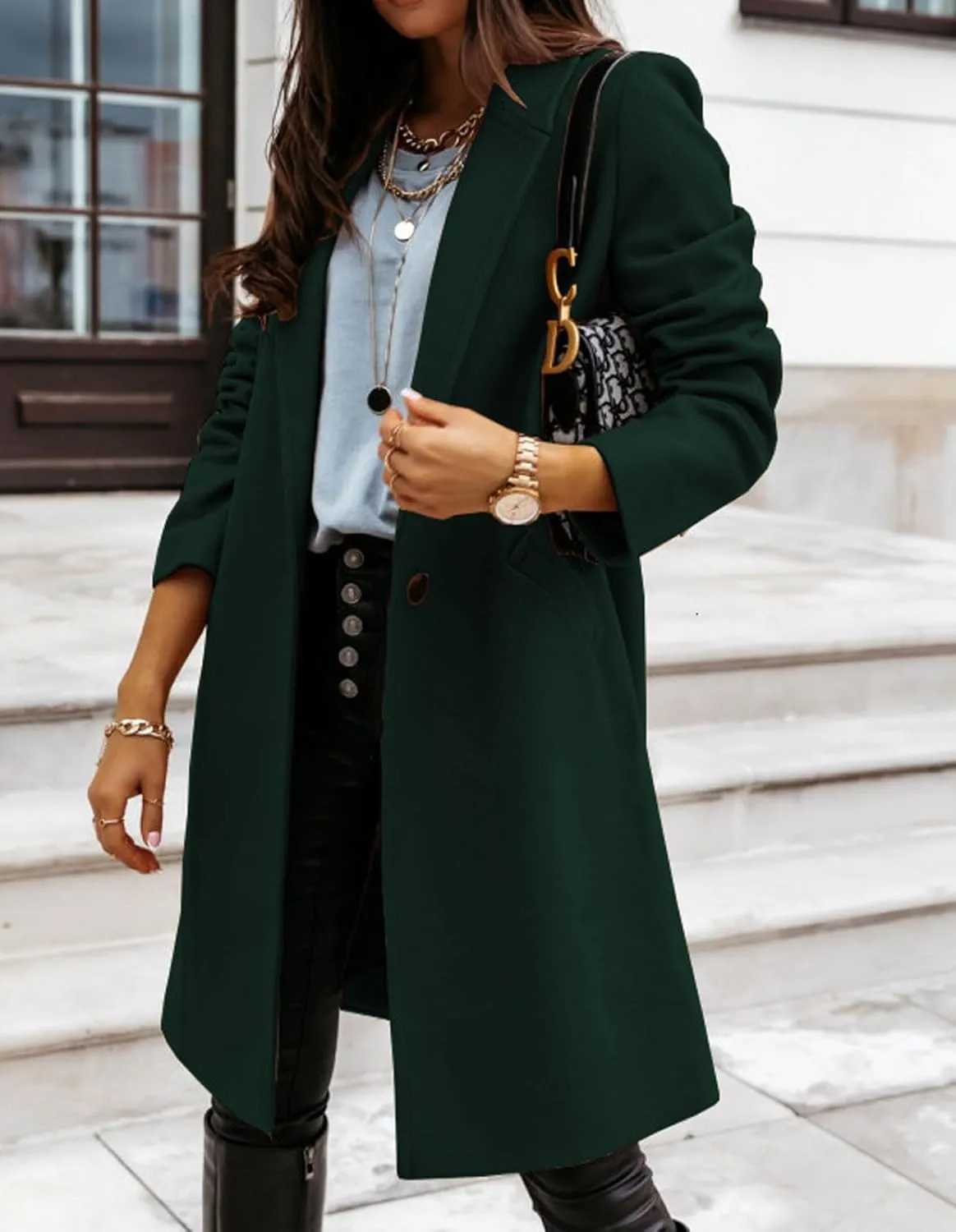 CHARTOU Women Casual 1 Button Mid Long Wool Trench Coat Jacket Peacoat Notched Lapel Pea Coat Winter Overcoat