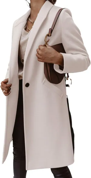 CHARTOU Women Casual 1 Button Mid Long Wool Trench Coat Jacket Peacoat Notched Lapel Pea Coat Winter Overcoat