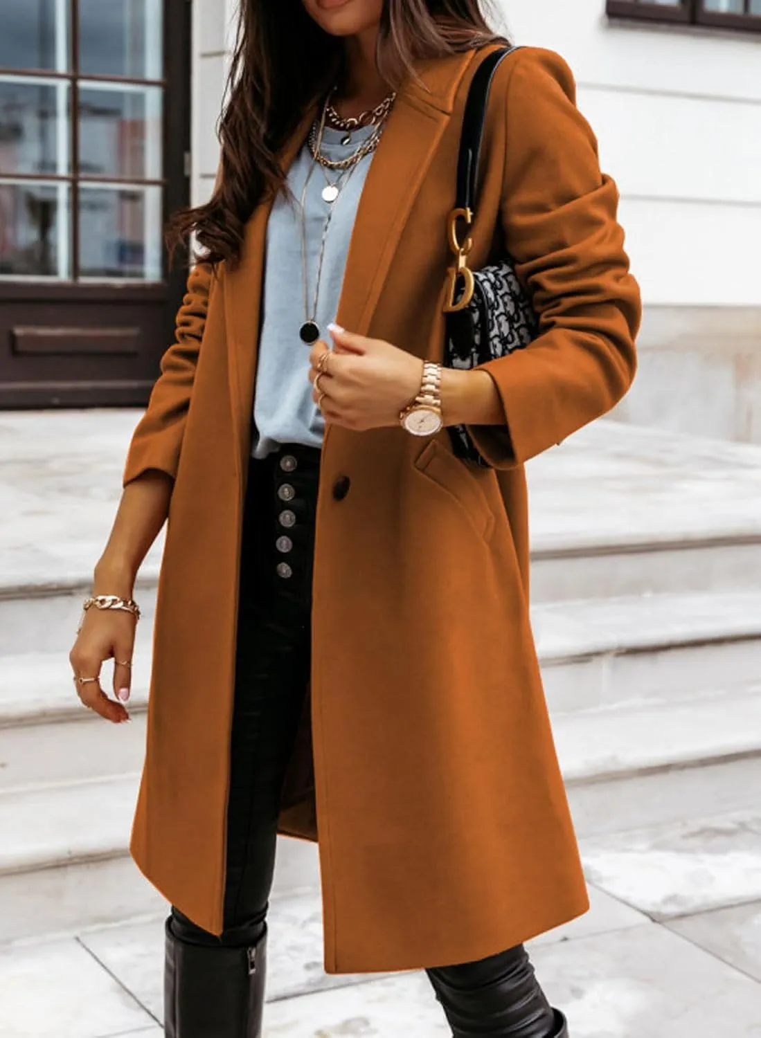 CHARTOU Women Casual 1 Button Mid Long Wool Trench Coat Jacket Peacoat Notched Lapel Pea Coat Winter Overcoat