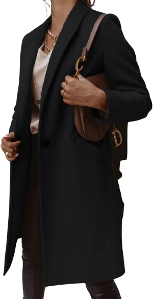 CHARTOU Women Casual 1 Button Mid Long Wool Trench Coat Jacket Peacoat Notched Lapel Pea Coat Winter Overcoat