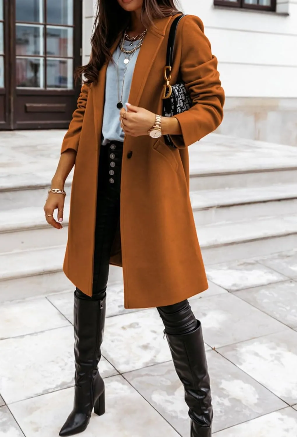 CHARTOU Women Casual 1 Button Mid Long Wool Trench Coat Jacket Peacoat Notched Lapel Pea Coat Winter Overcoat