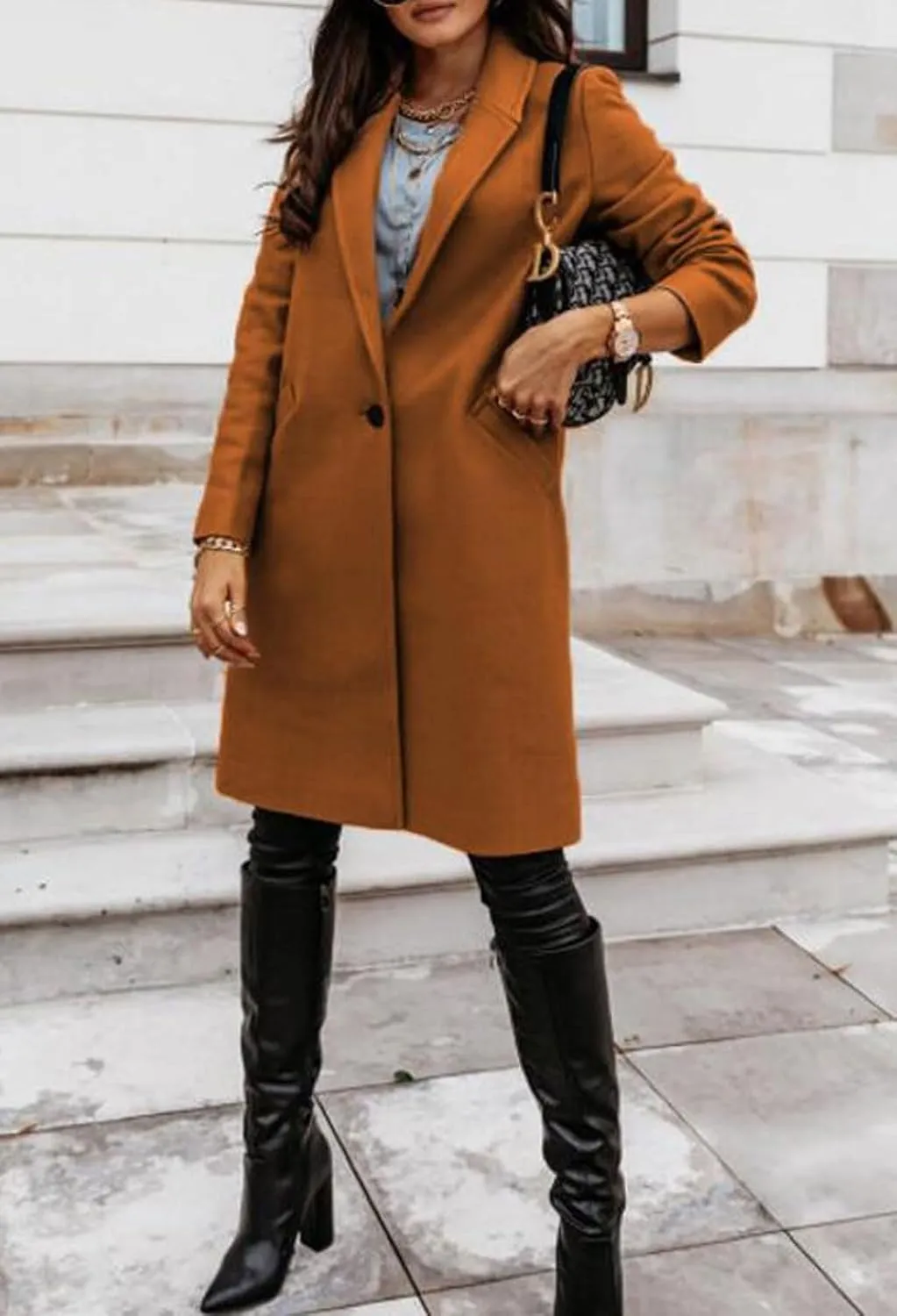 CHARTOU Women Casual 1 Button Mid Long Wool Trench Coat Jacket Peacoat Notched Lapel Pea Coat Winter Overcoat