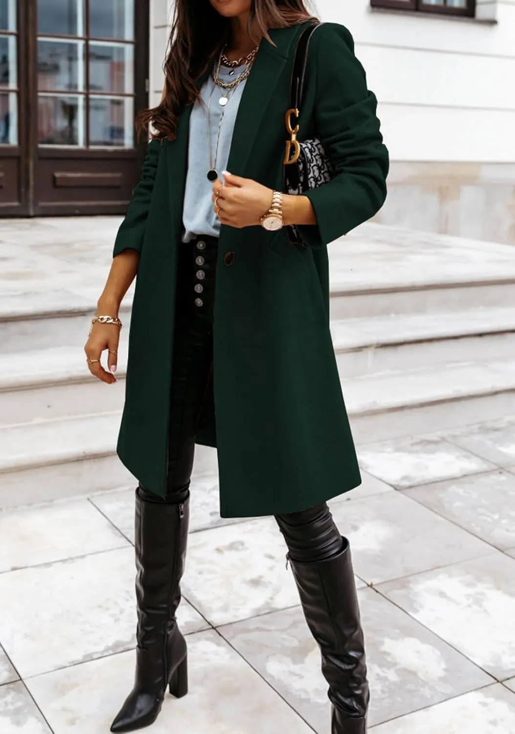 CHARTOU Women Casual 1 Button Mid Long Wool Trench Coat Jacket Peacoat Notched Lapel Pea Coat Winter Overcoat