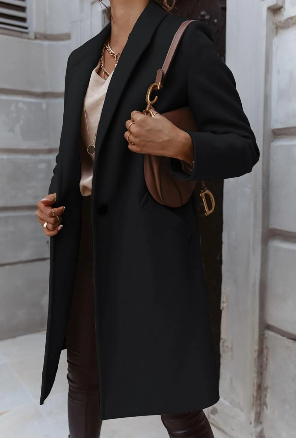CHARTOU Women Casual 1 Button Mid Long Wool Trench Coat Jacket Peacoat Notched Lapel Pea Coat Winter Overcoat