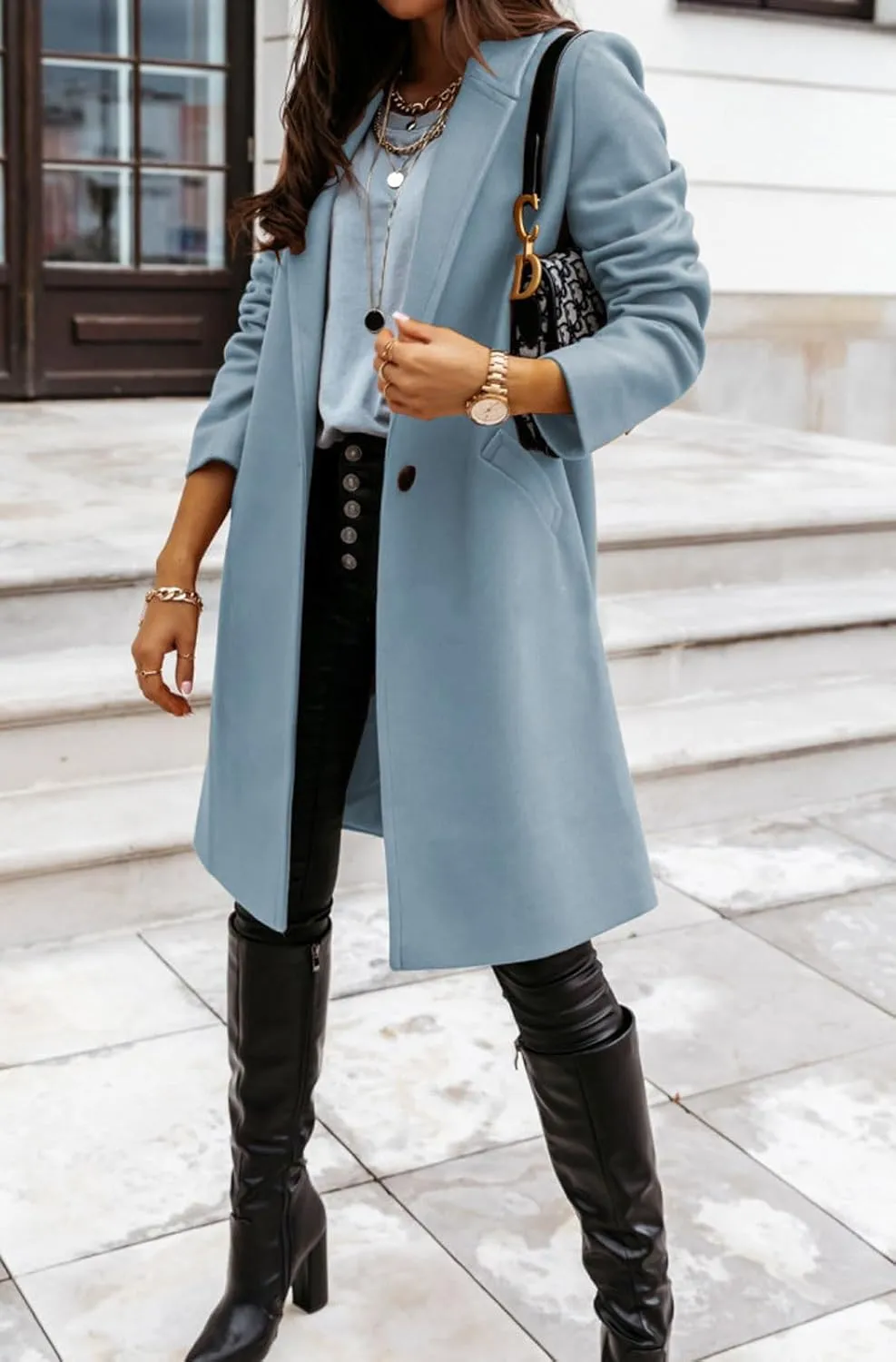 CHARTOU Women Casual 1 Button Mid Long Wool Trench Coat Jacket Peacoat Notched Lapel Pea Coat Winter Overcoat