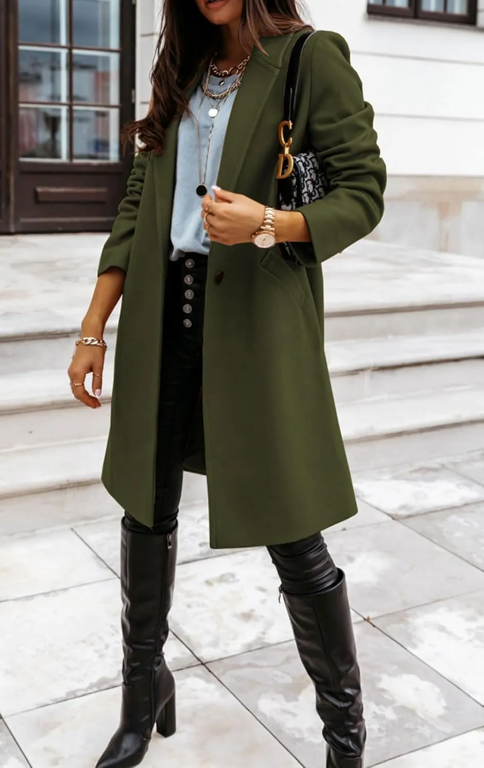 CHARTOU Women Casual 1 Button Mid Long Wool Trench Coat Jacket Peacoat Notched Lapel Pea Coat Winter Overcoat