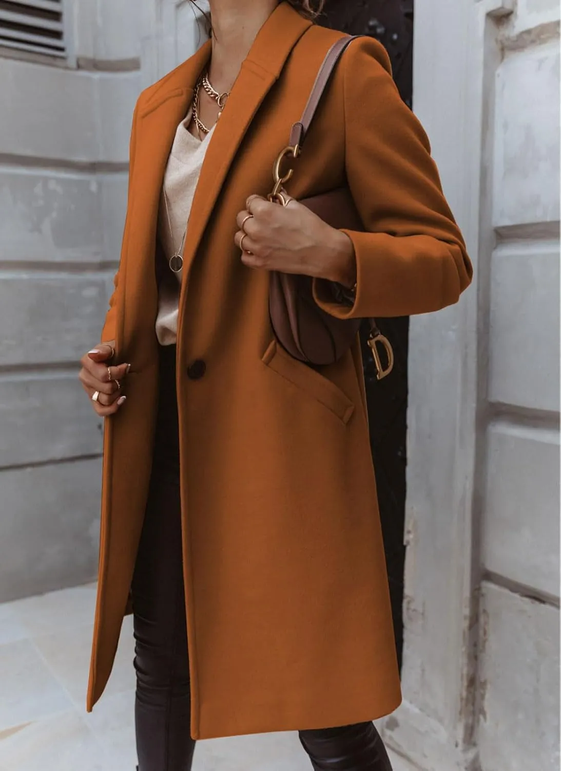 CHARTOU Women Casual 1 Button Mid Long Wool Trench Coat Jacket Peacoat Notched Lapel Pea Coat Winter Overcoat