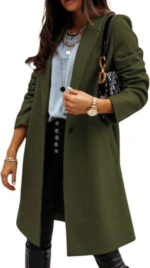 CHARTOU Women Casual 1 Button Mid Long Wool Trench Coat Jacket Peacoat Notched Lapel Pea Coat Winter Overcoat
