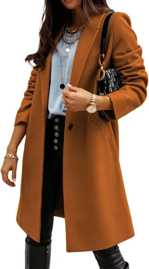 CHARTOU Women Casual 1 Button Mid Long Wool Trench Coat Jacket Peacoat Notched Lapel Pea Coat Winter Overcoat