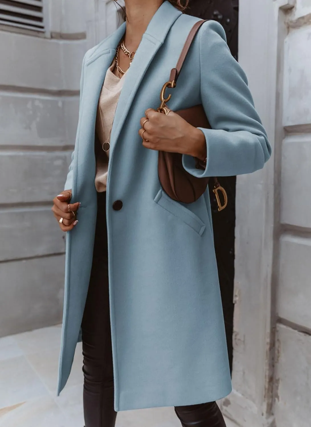 CHARTOU Women Casual 1 Button Mid Long Wool Trench Coat Jacket Peacoat Notched Lapel Pea Coat Winter Overcoat