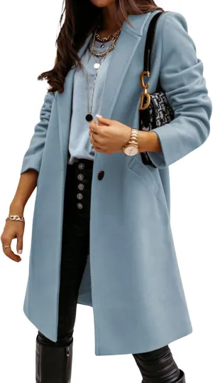 CHARTOU Women Casual 1 Button Mid Long Wool Trench Coat Jacket Peacoat Notched Lapel Pea Coat Winter Overcoat
