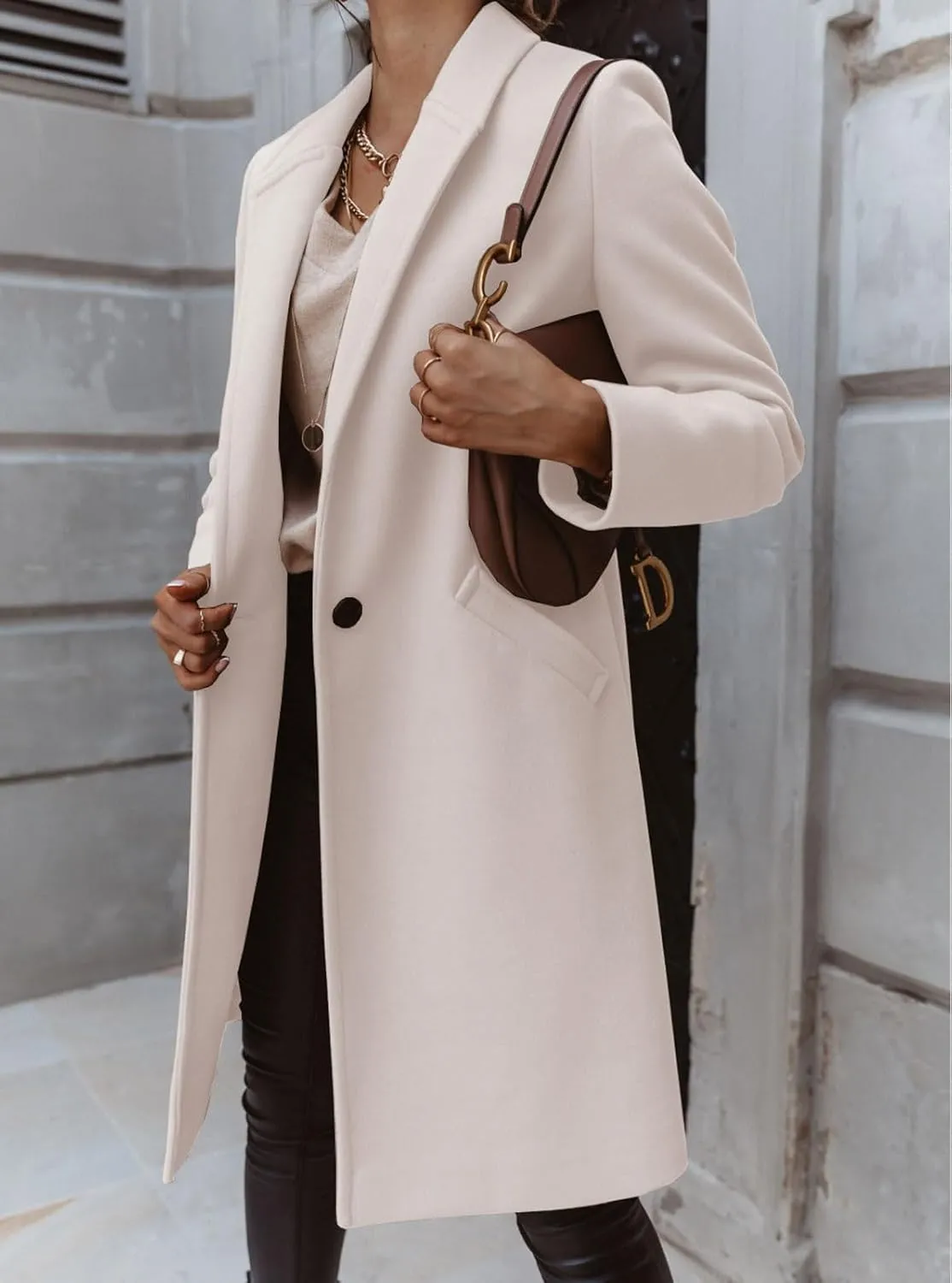 CHARTOU Women Casual 1 Button Mid Long Wool Trench Coat Jacket Peacoat Notched Lapel Pea Coat Winter Overcoat
