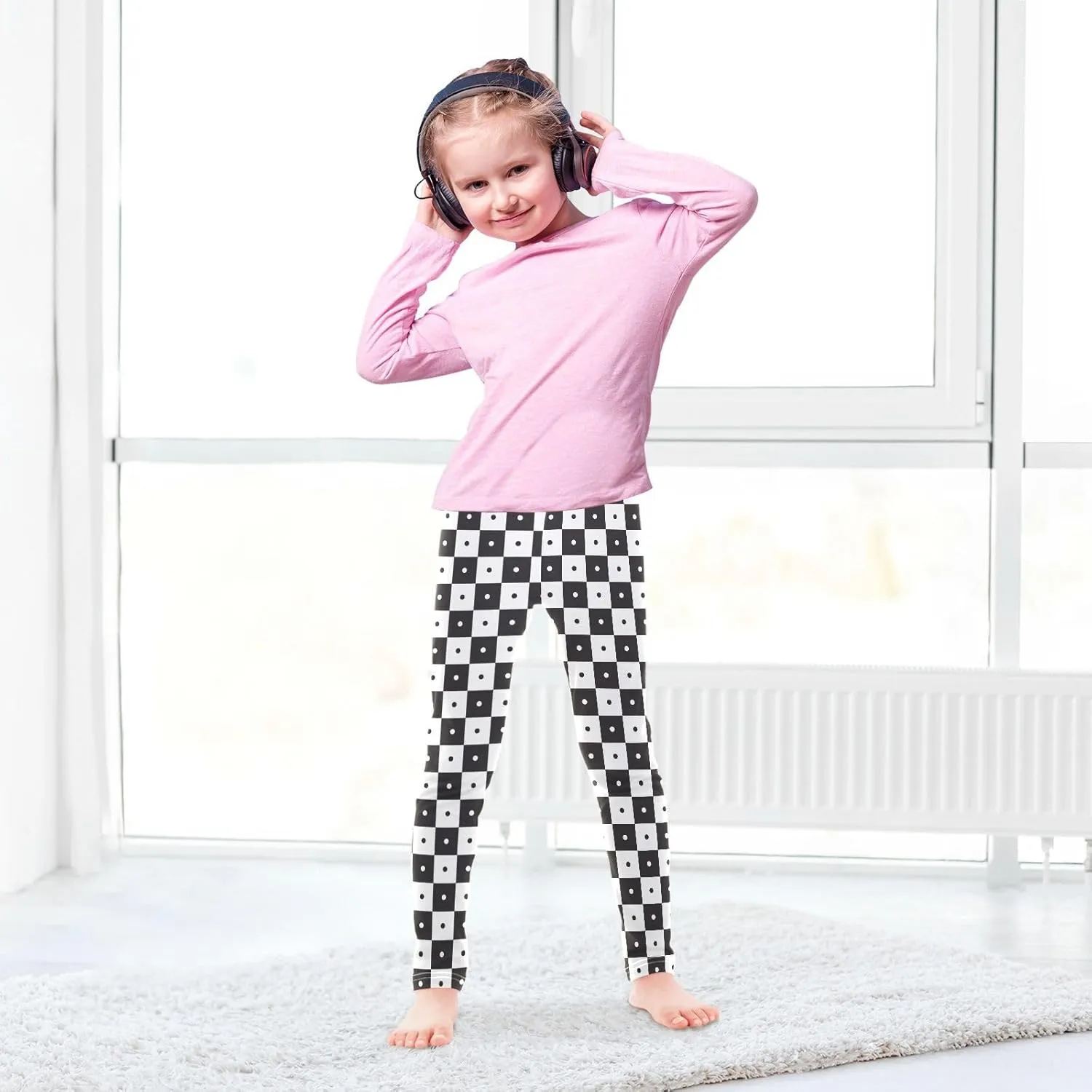 Checked Black and White Girls' Leggings Toddler Kids Stretch Yoga Pants Tights Dance Baby Athletic Long Pants 4T