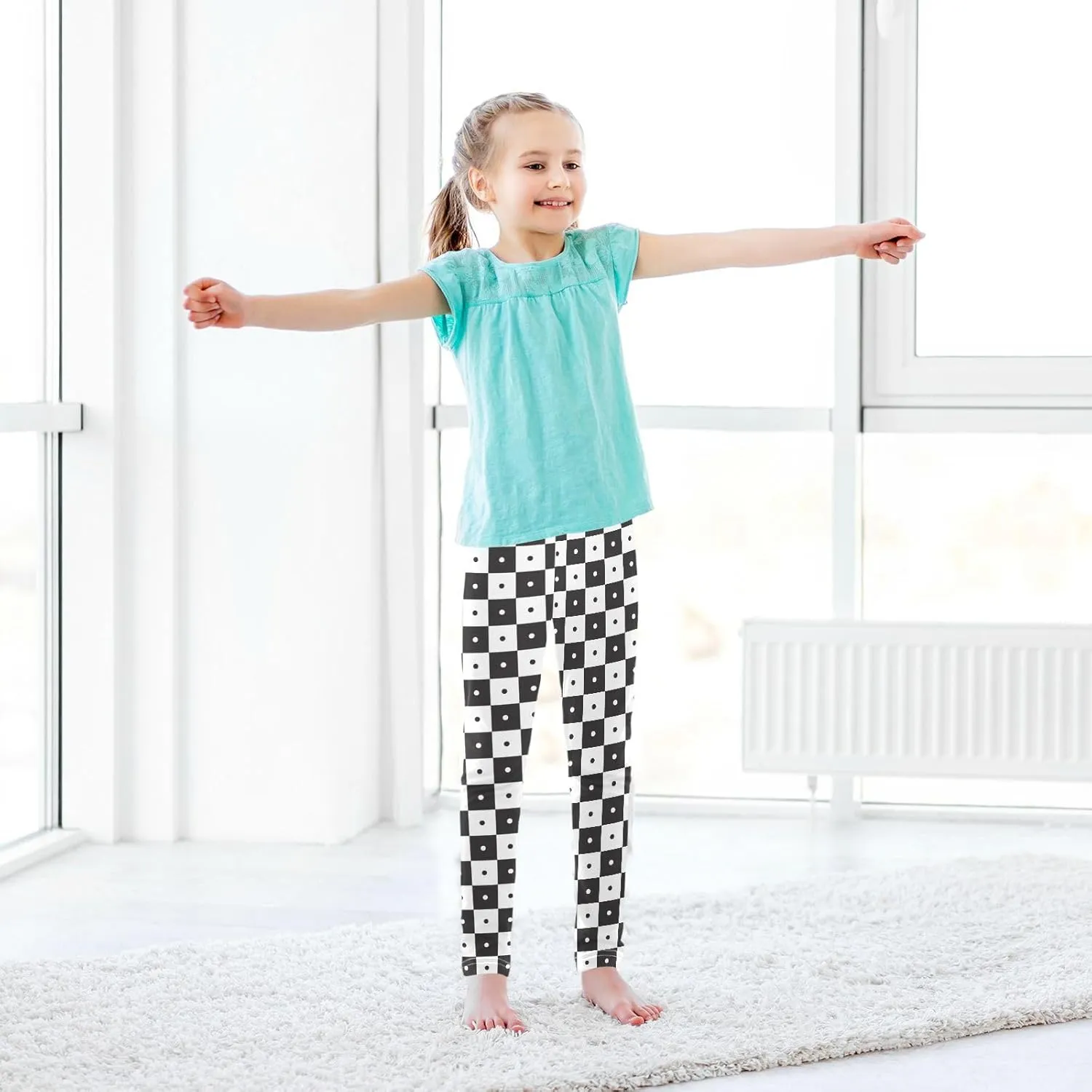 Checked Black and White Girls' Leggings Toddler Kids Stretch Yoga Pants Tights Dance Baby Athletic Long Pants 4T