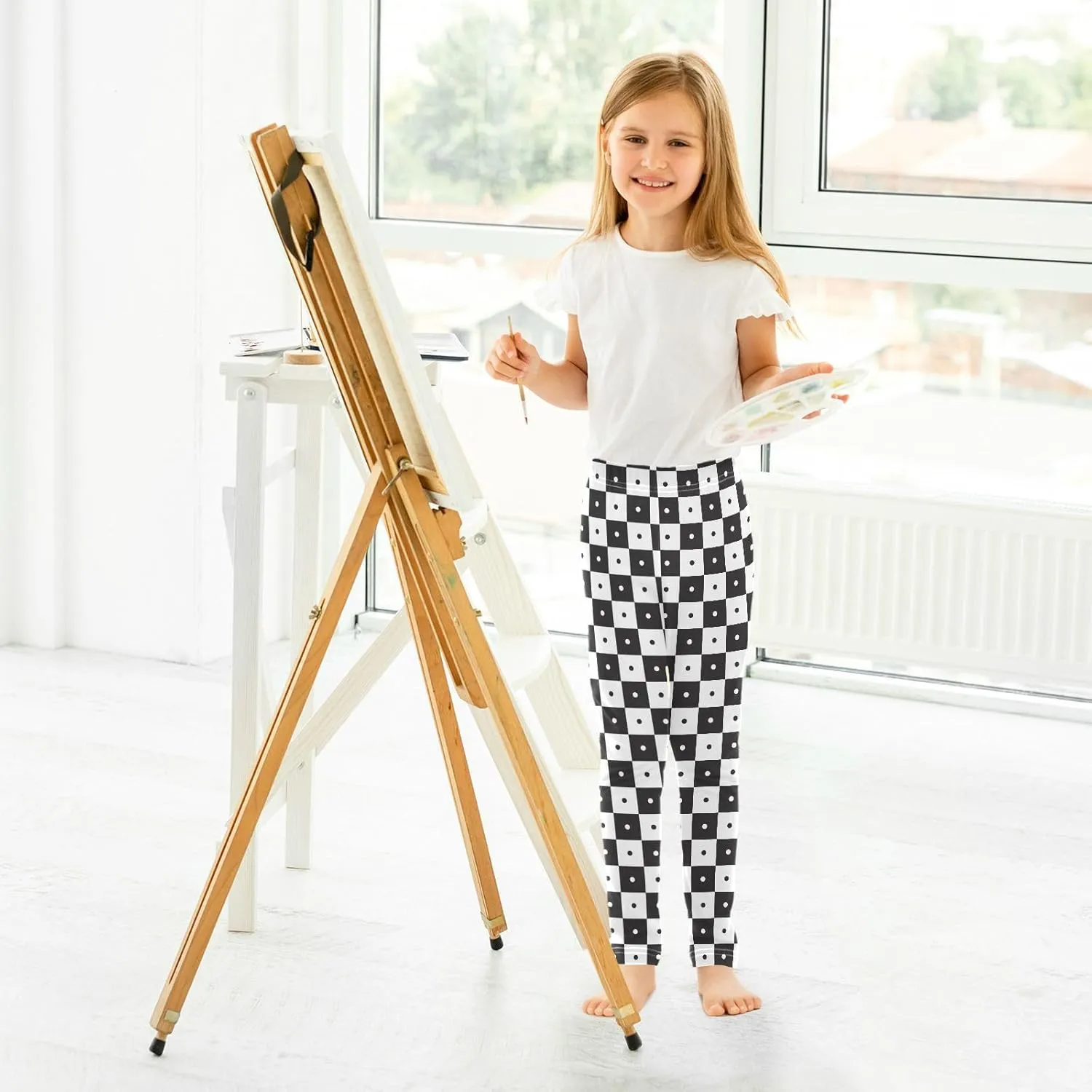 Checked Black and White Girls' Leggings Toddler Kids Stretch Yoga Pants Tights Dance Baby Athletic Long Pants 4T