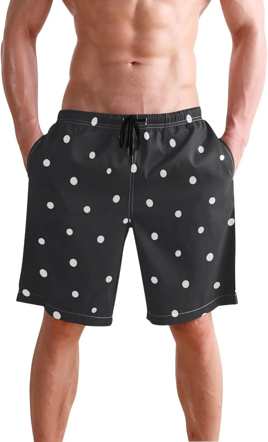 CHIFIGNO Abstract Shapes Beige Mens Swim Shorts, Small Quick Dry Beach Shorts, Water Shorts for Men