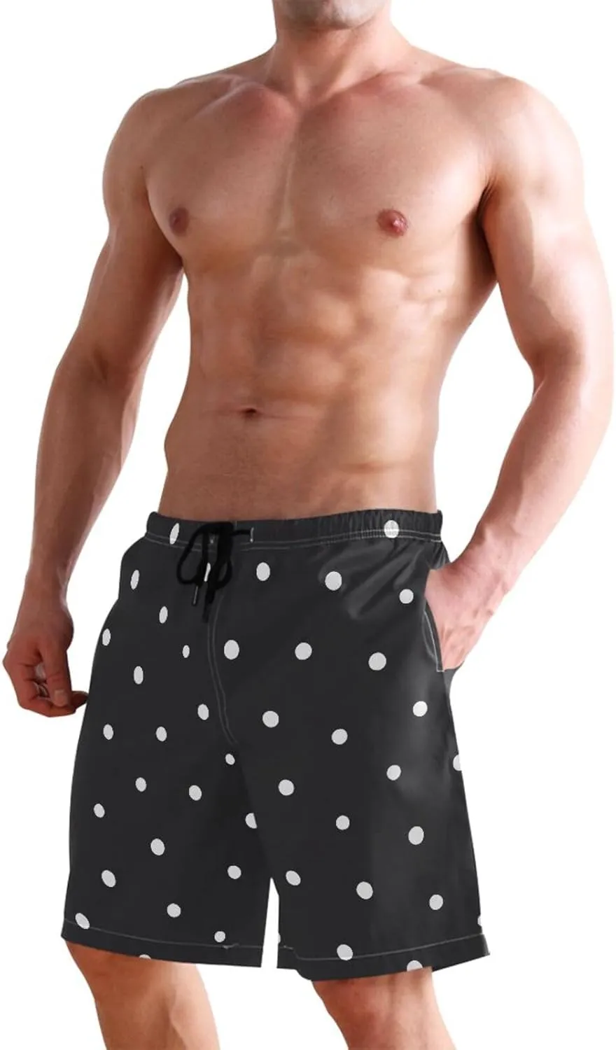CHIFIGNO Abstract Shapes Beige Mens Swim Shorts, Small Quick Dry Beach Shorts, Water Shorts for Men