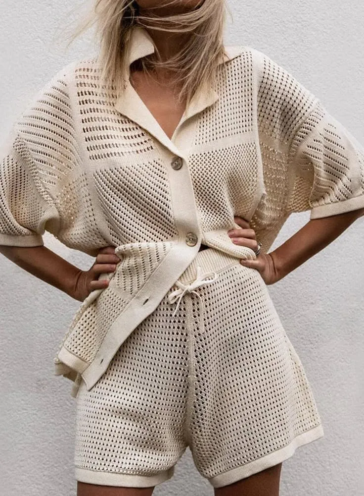 chouyatou Women's 2 Piece Lounge Sets Eyelet Knitted Outfits Button Down Shirt Shorts Pajama Sets