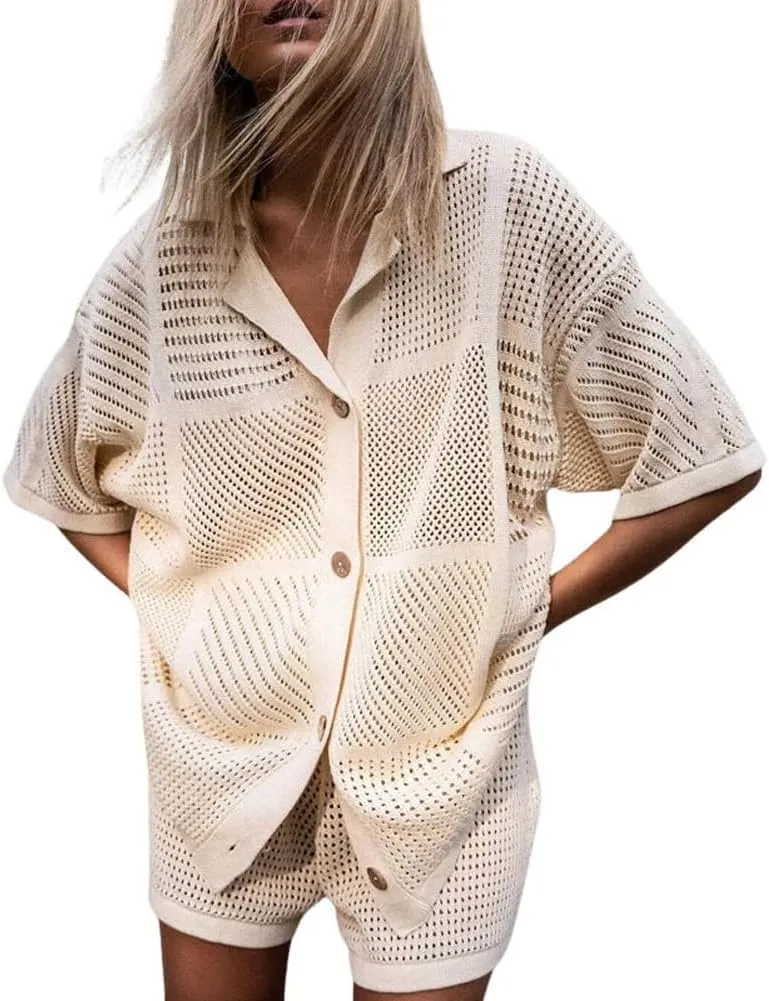 chouyatou Women's 2 Piece Lounge Sets Eyelet Knitted Outfits Button Down Shirt Shorts Pajama Sets