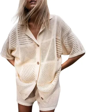 chouyatou Women's 2 Piece Lounge Sets Eyelet Knitted Outfits Button Down Shirt Shorts Pajama Sets