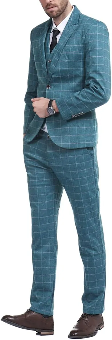 Cloudstyle Mens 3-Piece Plaid Suit Set Modern Fit Jacket Tux Blazer Vest Pants