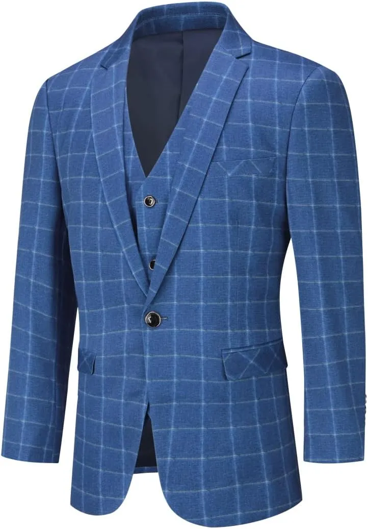 Cloudstyle Mens 3-Piece Plaid Suit Set Modern Fit Jacket Tux Blazer Vest Pants