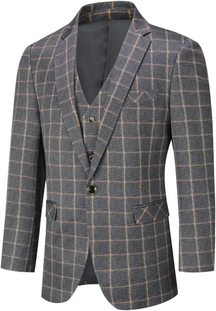Cloudstyle Mens 3-Piece Plaid Suit Set Modern Fit Jacket Tux Blazer Vest Pants