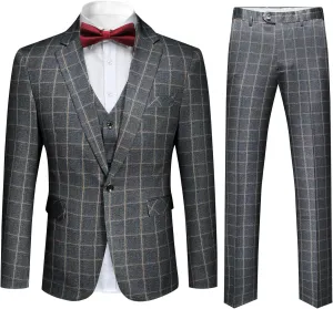 Cloudstyle Mens 3-Piece Plaid Suit Set Modern Fit Jacket Tux Blazer Vest Pants
