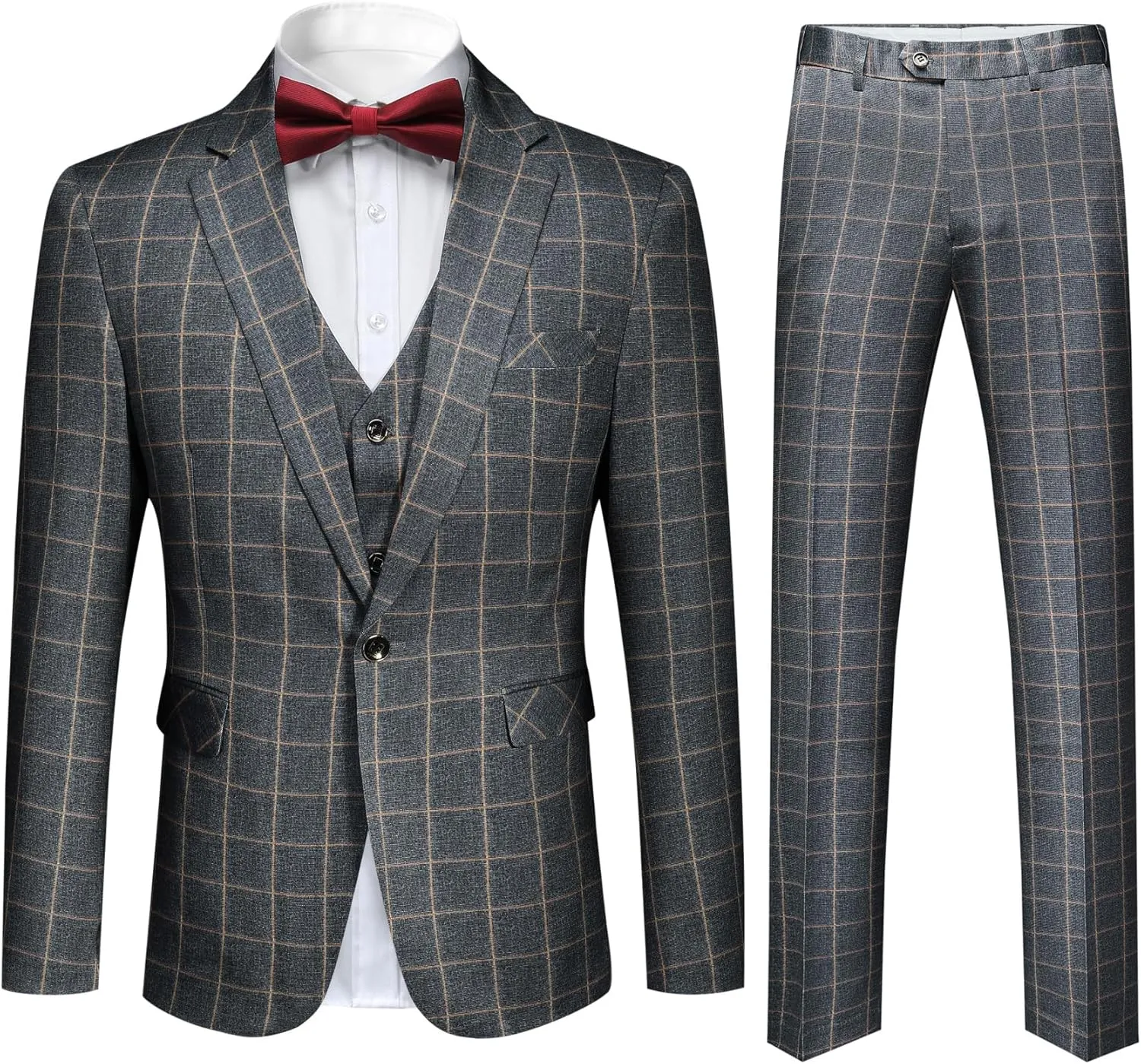 Cloudstyle Mens 3-Piece Plaid Suit Set Modern Fit Jacket Tux Blazer Vest Pants