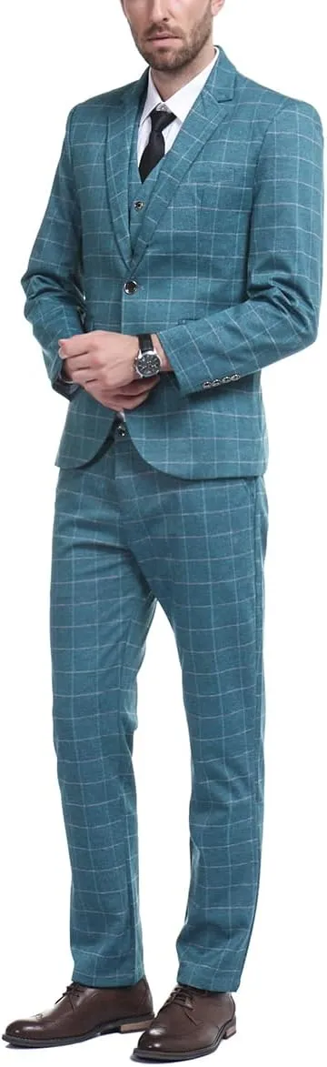 Cloudstyle Mens 3-Piece Plaid Suit Set Modern Fit Jacket Tux Blazer Vest Pants