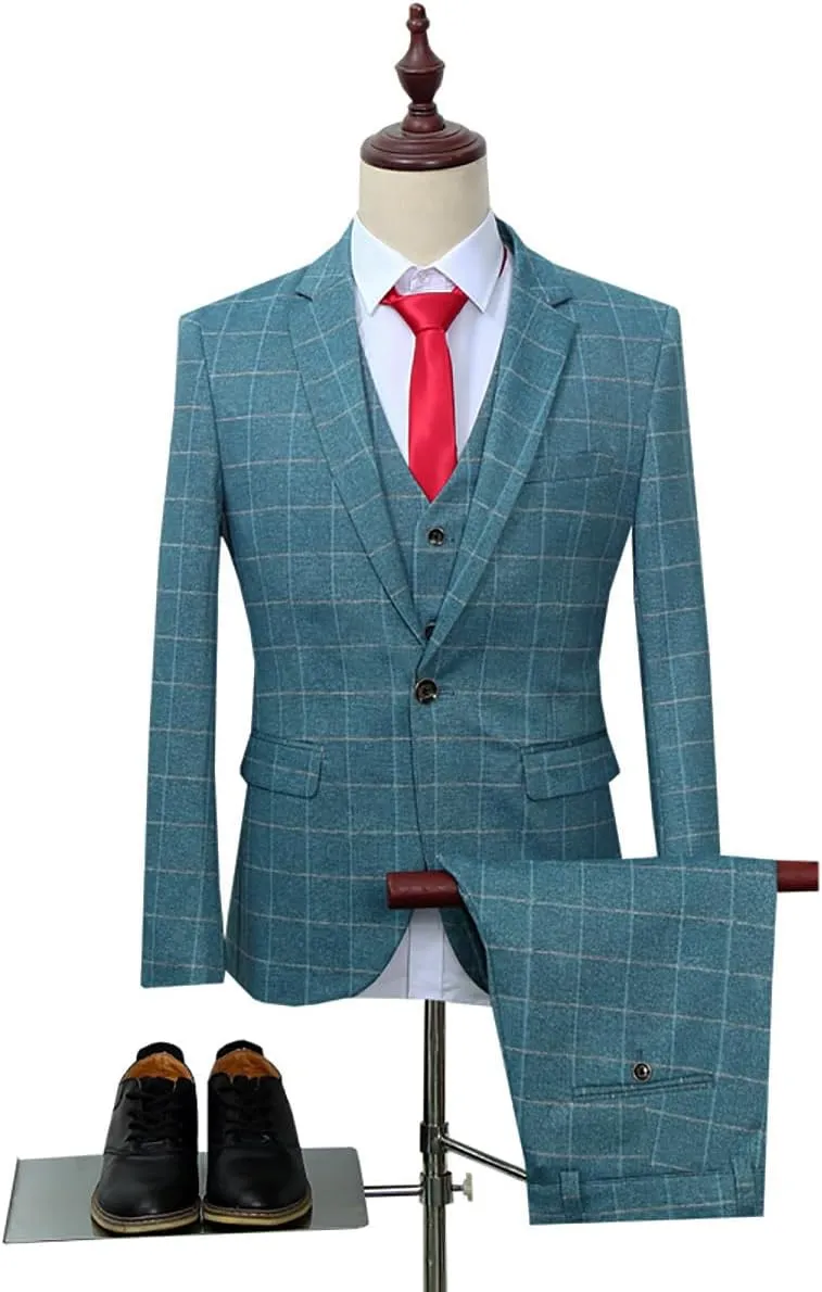 Cloudstyle Mens 3-Piece Plaid Suit Set Modern Fit Jacket Tux Blazer Vest Pants