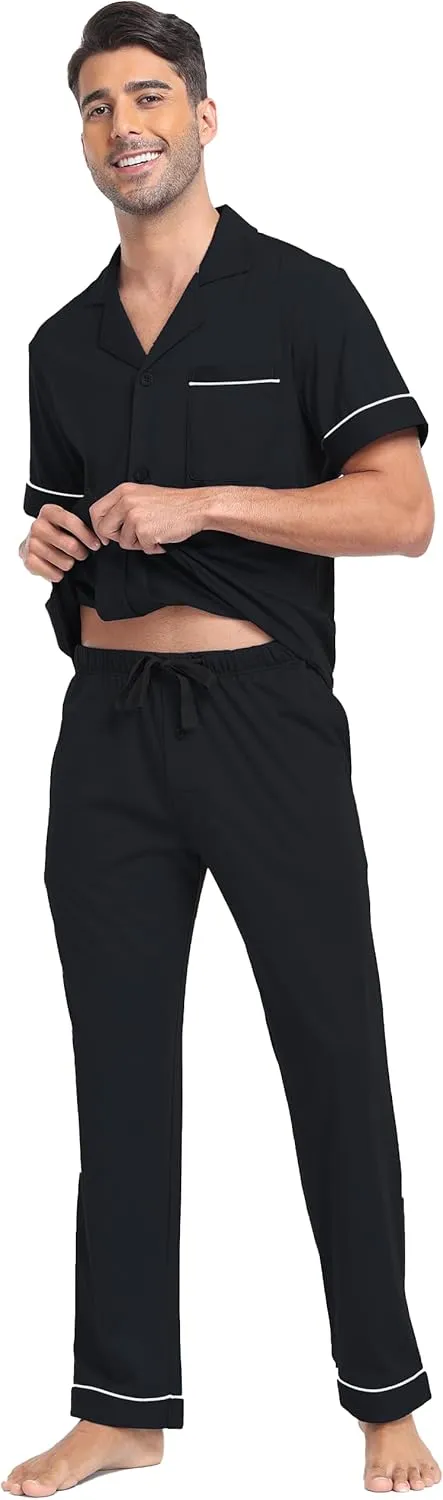 COLORFULLEAF Men's Pajama Sets Soft Cotton Short Sleeve Pajamas for Men Lounge Pants Button Down Sleepwear with Pockets S-XL