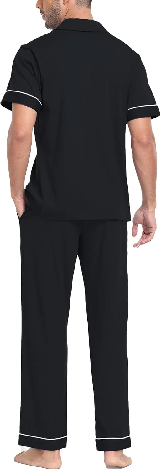 COLORFULLEAF Men's Pajama Sets Soft Cotton Short Sleeve Pajamas for Men Lounge Pants Button Down Sleepwear with Pockets S-XL