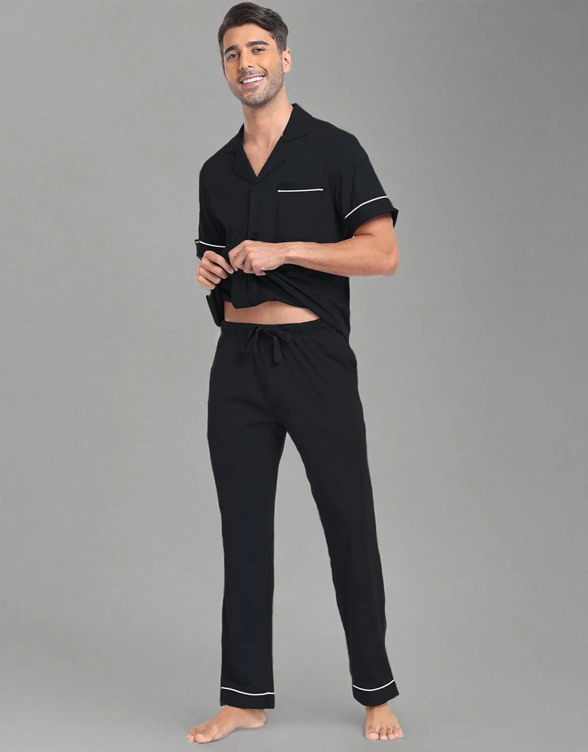 COLORFULLEAF Men's Pajama Sets Soft Cotton Short Sleeve Pajamas for Men Lounge Pants Button Down Sleepwear with Pockets S-XL
