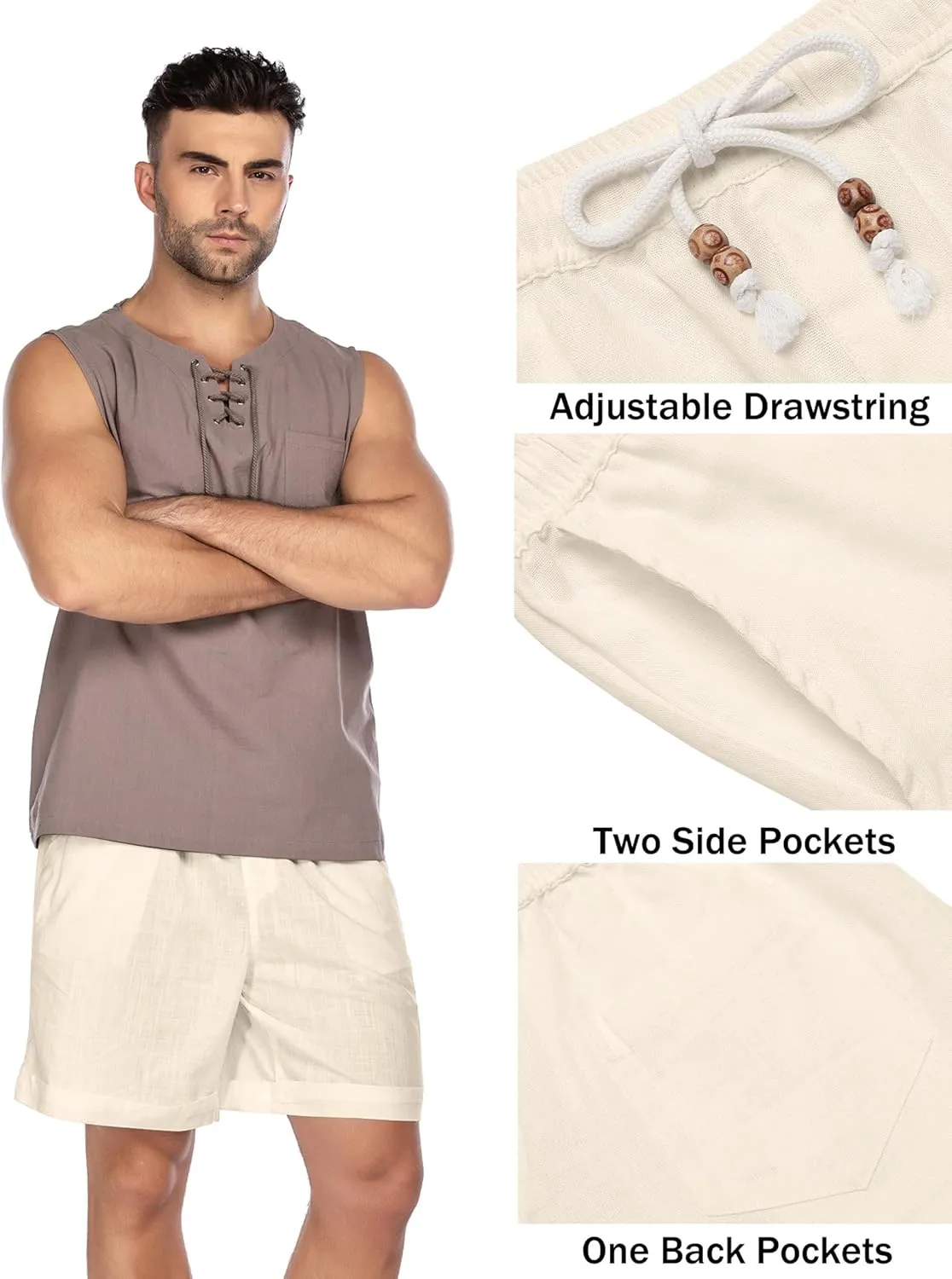 COOFANDY Men's Linen Shorts Casual Elastic Waist Drawstring Summer Beach Shorts