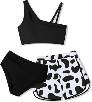 Crazyme Girls Swimsuit 3 Piece Adjustable Strap Cutout Girls' Swimwear with Shorts Girls Bathing Suit Summer 7-16 Years