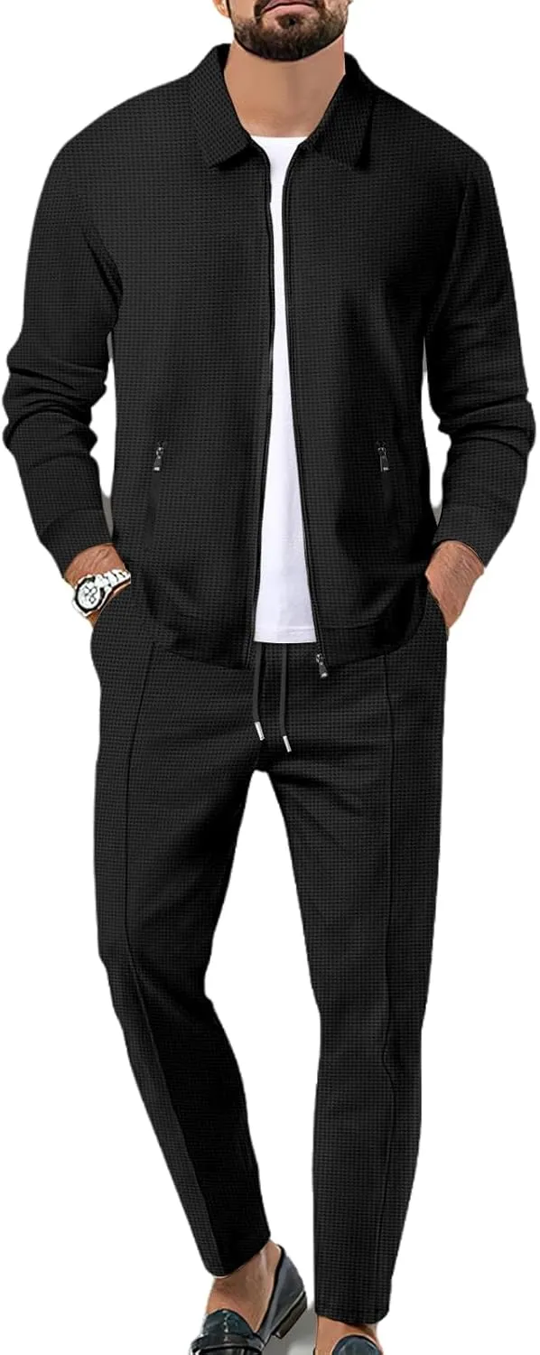 crazynekos Men 2 Piece Casual Waffle Jacket Sweatsuits Men's Jogging Tracksuit Set Outfit Pullover Suit Set