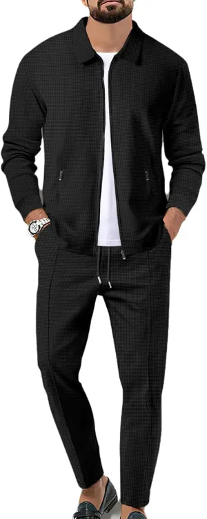 crazynekos Men 2 Piece Casual Waffle Jacket Sweatsuits Men's Jogging Tracksuit Set Outfit Pullover Suit Set