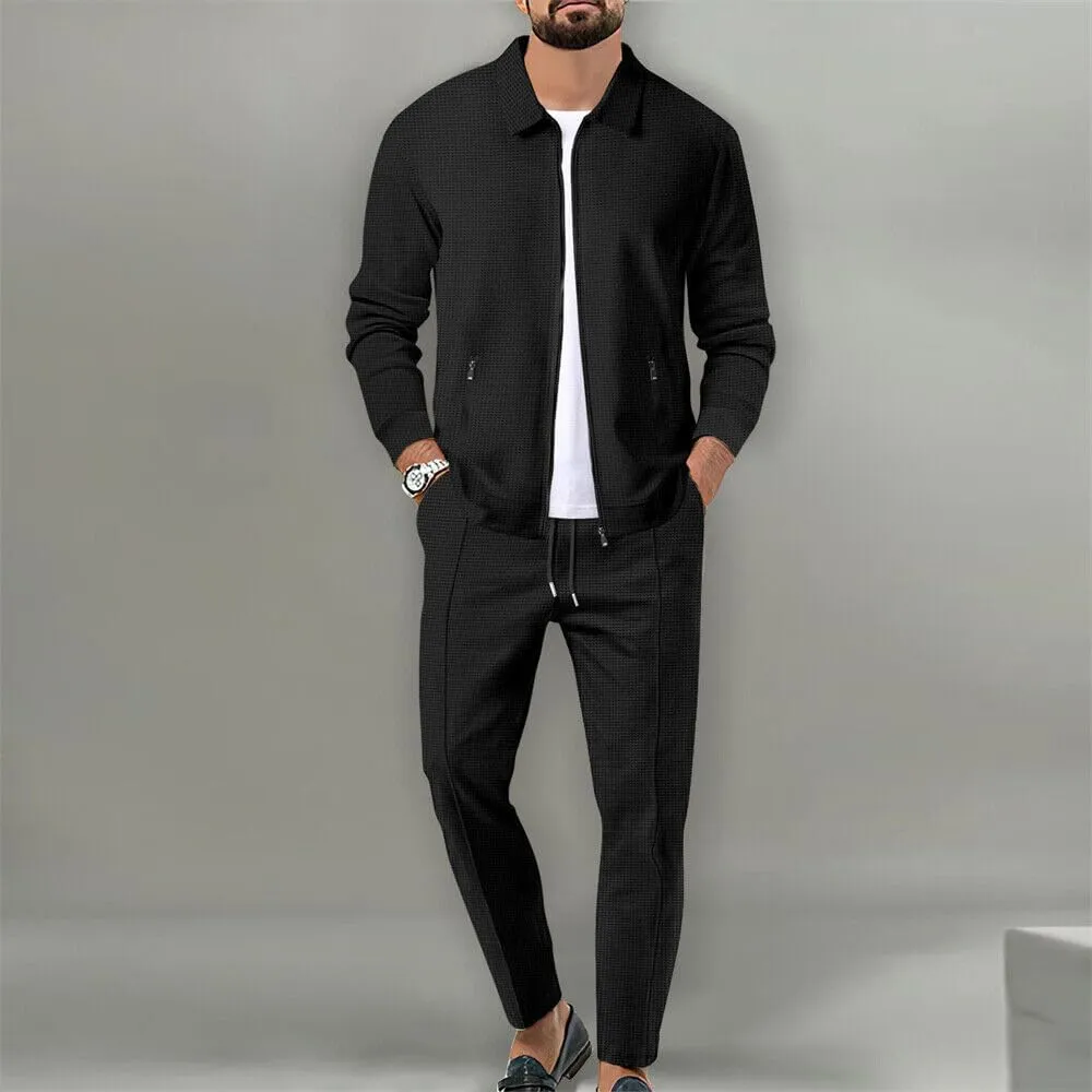 crazynekos Men 2 Piece Casual Waffle Jacket Sweatsuits Men's Jogging Tracksuit Set Outfit Pullover Suit Set