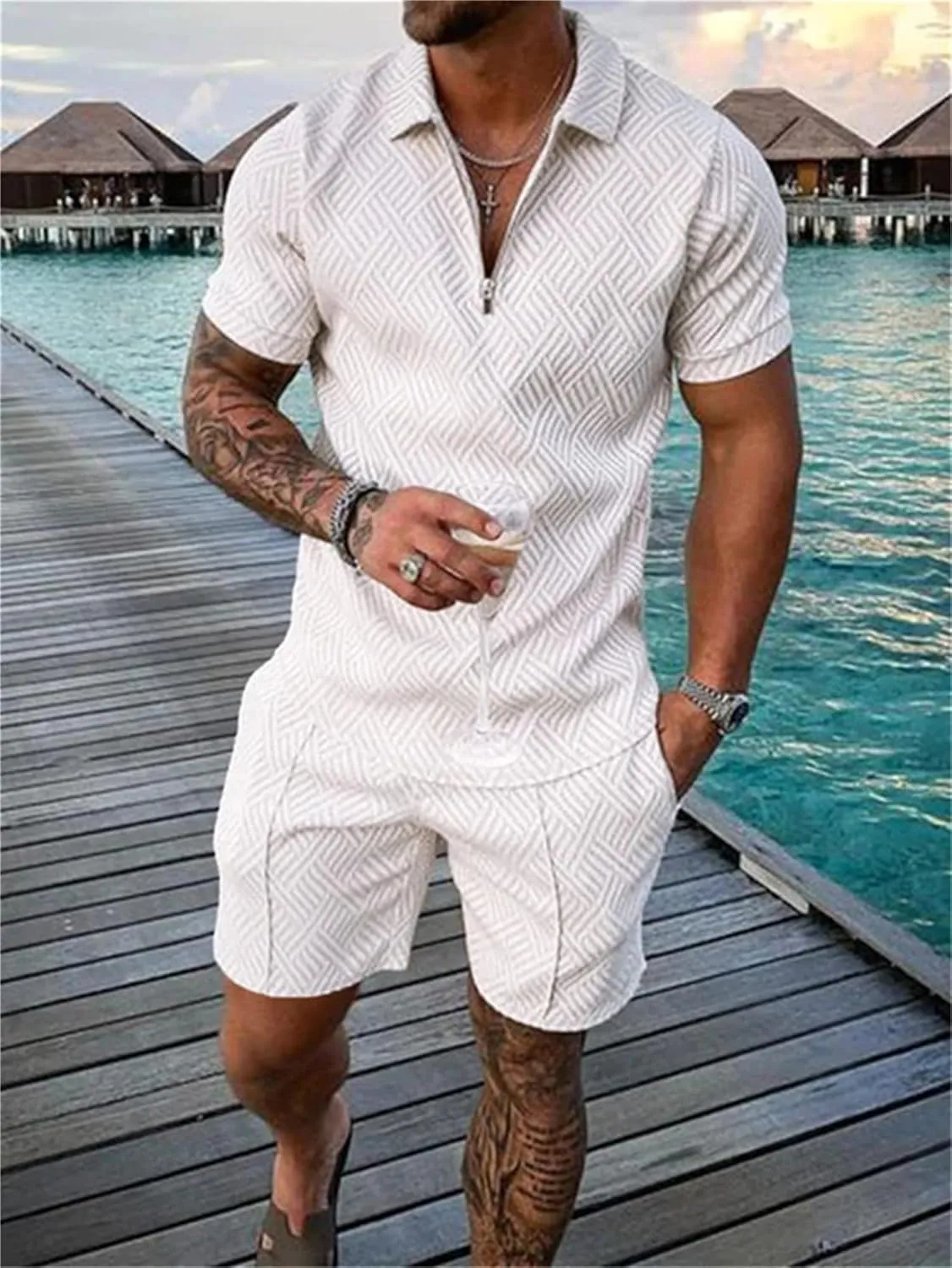 Crazynekos Men's Short Sets Outfits 2 Piece Summer Tracksuit Short Sleeve Polo Shirt and Shorts Set Casual Sport Suit