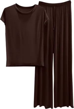 DDAPJ pyju Modal Lounge Sets for Women Casual Cap Sleeve Sleepwear Top Tie Front Elastic Waist Wide Leg Pants Soft Nightwear