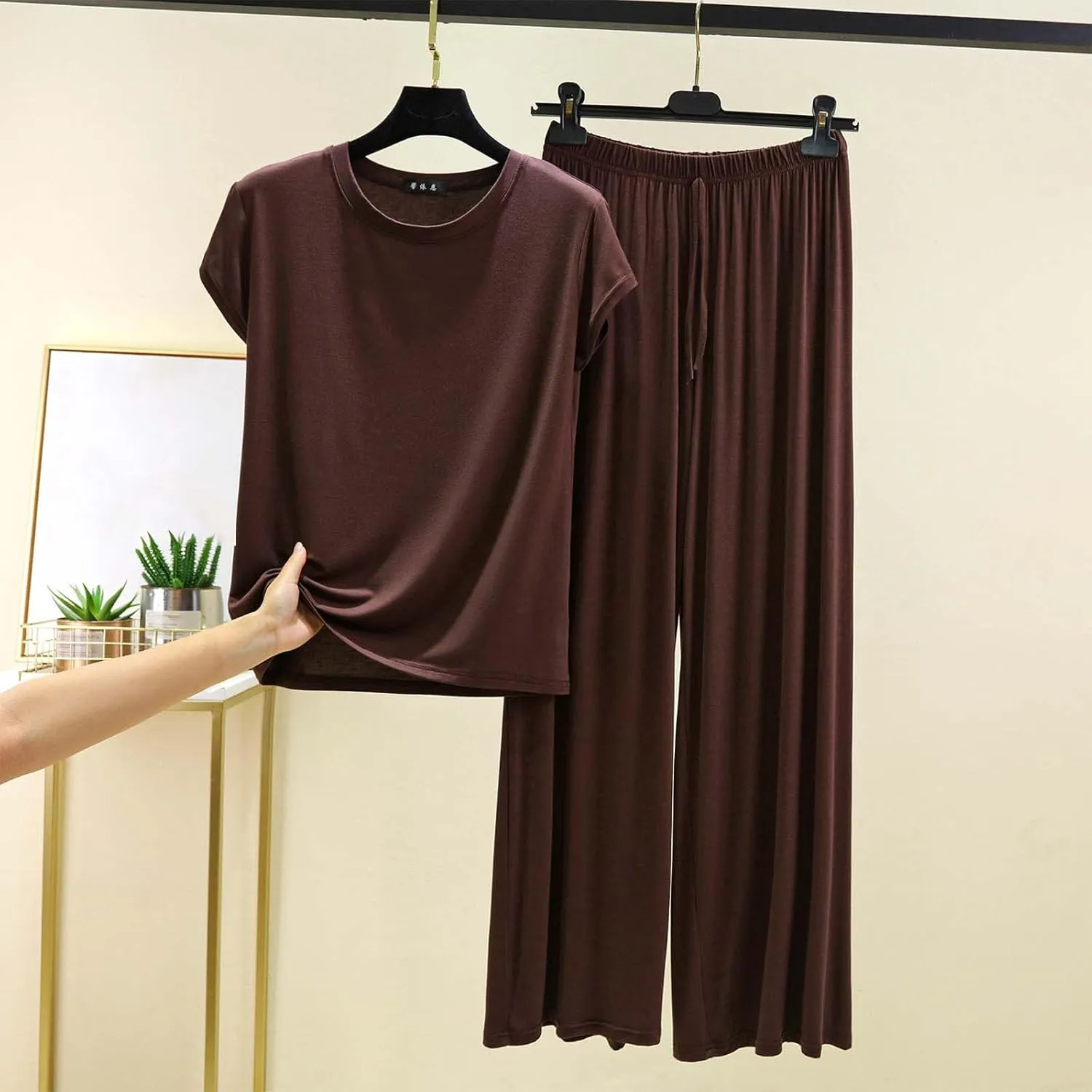 DDAPJ pyju Modal Lounge Sets for Women Casual Cap Sleeve Sleepwear Top Tie Front Elastic Waist Wide Leg Pants Soft Nightwear